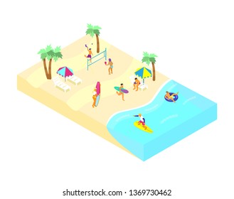 Isometric beach scene with different people doing summer sports and relaxing. Playing racket ball, surfing, swimming in rubber ring, reading in the sunbed.