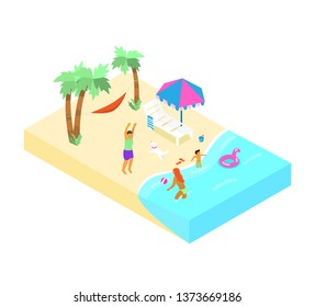 Isometric beach scene with family resting on the coast. Couple playing beach volley, child playing in the water. Family summer vacation.