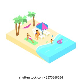 Isometric beach scene with family resting on the coast. Woman doing yoga, man reading in sunbed, child playing in water. Family summer vacation.