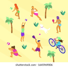 Isometric beach scene with lots of different people doing summer sports. Summer outdoors activities. Beach volley, yoga on the beach, rocket ball, bike ride. Vector illustration