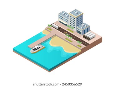 Isometric beach with seaport building and transport