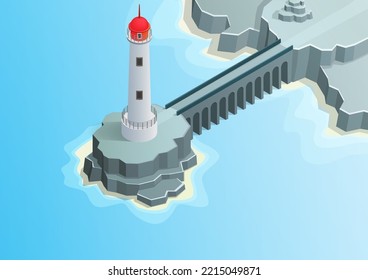 isometric beacon on the rock island connected by bridge