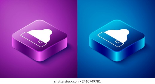 Isometric Beanie hat icon isolated on blue and purple background. Square button. Vector