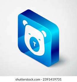 Isometric Bear head icon isolated on grey background. Blue square button. Vector