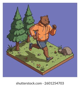 Isometric Bear Running Vector, Anthropomorphic Bear Character