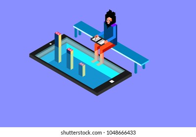 Isometric bearded man analyst sitting on the bench writing down data of experiment