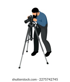 Isometric bearded professional photographer with camera on tripod vector illustration