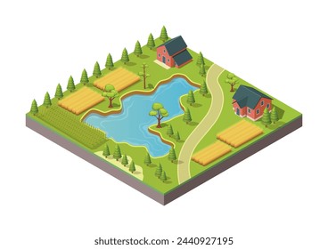 Isometric beautiful countryside with gardens and lakes