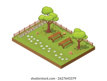 isometric beautiful garden with flowers and seating