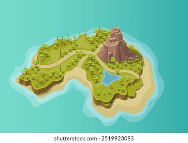 Isometric Beautiful Island with mountain and forest