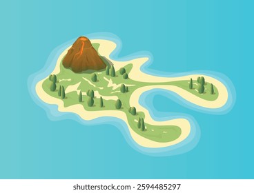 Isometric beautiful island with volcano and forest