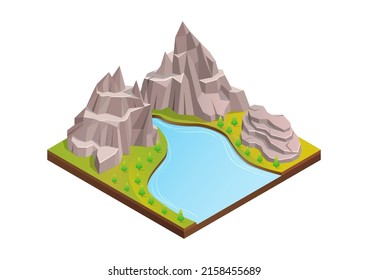 isometric beautiful mountain with big river and trees