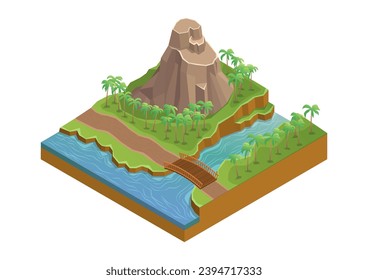 Isometric beautiful mountain with forest and river