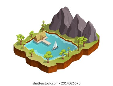 isometric beautiful mountain with lake, house, and boat