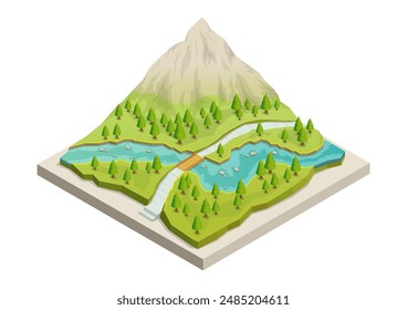 Isometric beautiful mountain with river and pines forest