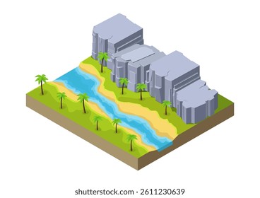 Isometric beautiful natural beautiful river with stone hill or mountain