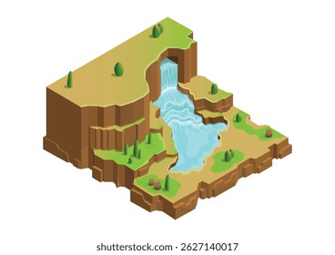 Isometric beautiful natural waterfall and lake 