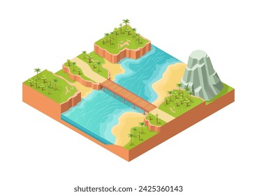 isometric beautiful nature river with bridge