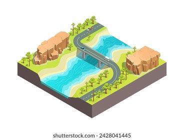 Isometrischer schöner Naturfluss mit Brücke und Straße