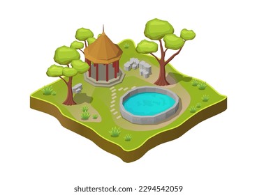 parque isométrico hermoso con piscina y gazebos
