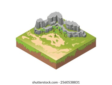 Isometric beautiful rocky mountain with trees