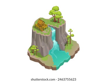 Isometric beautiful waterfall with house on mountain rocks