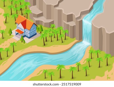 Isometric beautiful waterfall and river  with forest and house