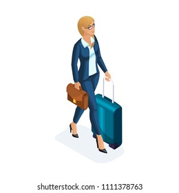 Isometric of a beautiful woman on a business trip, comes with her luggage at the airport. A beautiful business suit. Traveling business lady