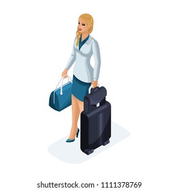 Isometric of a beautiful woman on a business trip, standing with her luggage. A beautiful business suit. Traveling business lady. Vector illustration