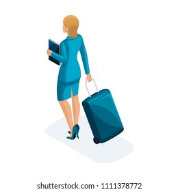 Isometric of a beautiful woman on a business trip, comes with her luggage back view. A beautiful business suit. Traveling business lady