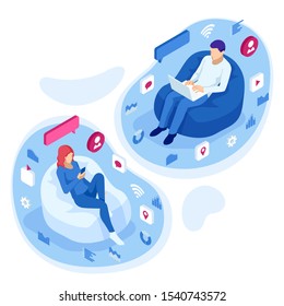Isometric beautiful young woman communicates on a smartphone with a man who is holding a laptop. Dating app and virtual relationship. Chat bubble.