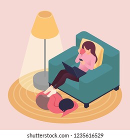 Isometric Beautiful young woman working on laptop at home in a cozy atmosphere, pet cat. Great concept for a Landing page