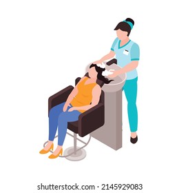 Isometric beauty salon icon with female hairdresser washing womans hair 3d vector illustration