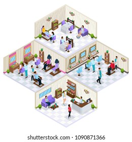 Isometric beauty salon interior concept with furniture people on skin hair care and cosmetology procedures isolated vector illustration