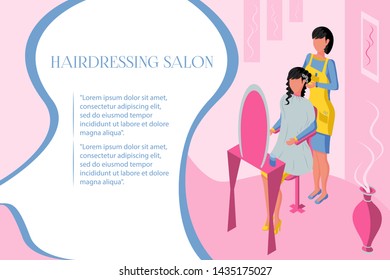 Isometric beauty salon and professional hair salon. Interior with pink background. Hairdresser curls hair for a beautiful stylish hairstyle client. Vector illustration