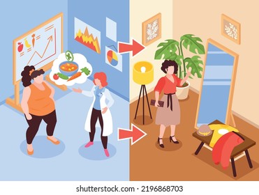 Isometric beauty transformation concept with woman before and after weight loss vector illustration