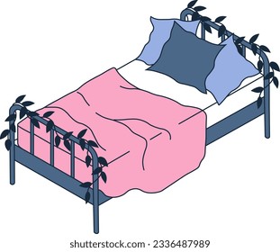 Isometric bed. Cute furniture. Vector.