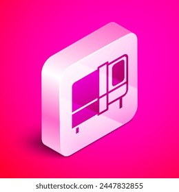 Isometric Bed icon isolated on pink background. Silver square button. Vector