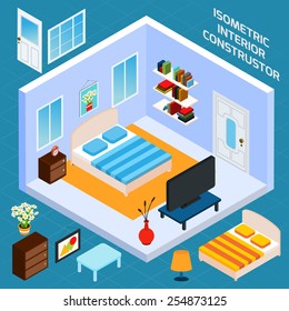 Isometric bedroom blue walls interior with 3d furniture icons set vector illustration