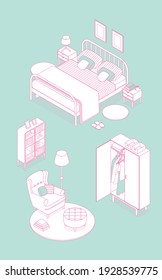 Isometric bedroom, dressing room, reading nook. Vector illustration in flat design. Outlined, linear style.