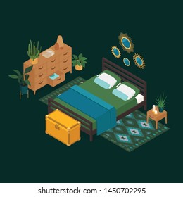 Isometric bedroom in emerald green. Vector illustration in flat design.