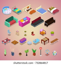 Isometric Bedroom Furniture Set with Sofa, Chair, Armchair Table and Lamp. Interior Decoration Elements. Vector flat 3d illustration