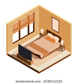 isometric bedroom with furniture and tv, vector illustration