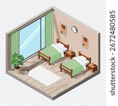 Isometric bedroom. Bedroom interior. Bed, lamp, carpet, and other bedroom equipment. Isometric home furniture. Isometric home room