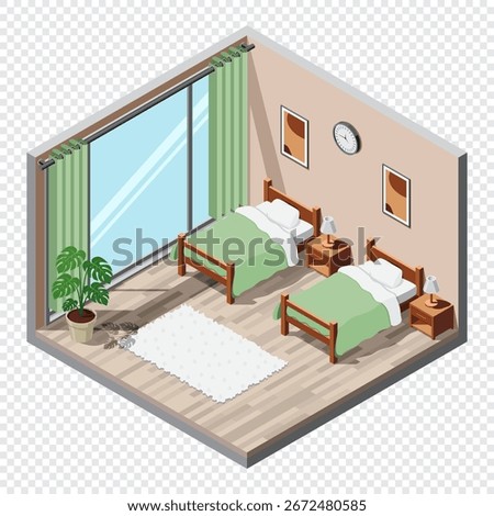 Isometric bedroom. Bedroom interior. Bed, lamp, carpet, and other bedroom equipment. Isometric home furniture. Isometric home room