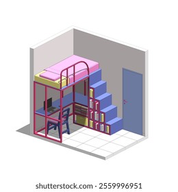 Isometric Bedroom Interior With Bunkbed Illustration