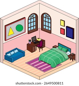 Vetor de design de interiores de quarto isométrico