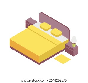 Isometric bedroom interior with double bed carpet bedside tables 3d vector illustration