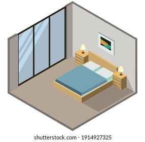 Isometric bedroom interior. Vector graphic illustration.