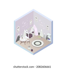 Isometric bedroom. Modern cozy interior of kids room. Stylish light room design with bed, table and cute paintings.